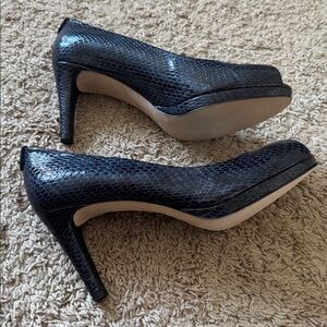 Stuart Weitzman Navy Blue Snakeskin Peep-Toe Pumps